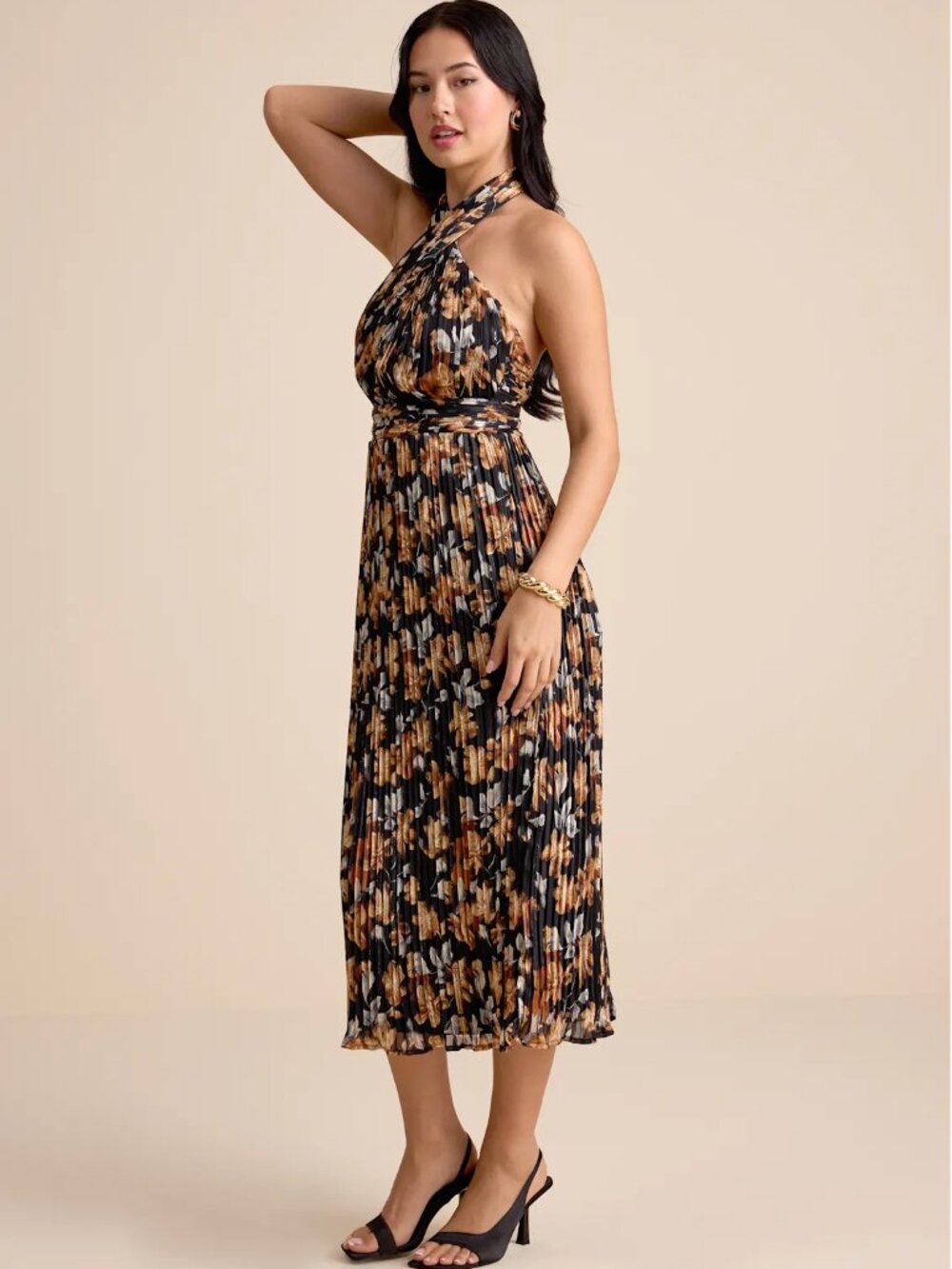 LULUS Gardena Black Floral Pleated Cross-Front Halter Midi Dress